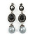 Marcasite Black/ Grey Crystal Pearl Drop Earrings In Antique Silver Tone - 45mm L - view 5