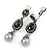 Marcasite Black/ Grey Crystal Pearl Clip On Earrings In Antique Silver Tone - 45mm L - view 2