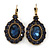 Vintage Inspired Oval Midnight Blue Crystal Drop Earrings with Leverback Closure In Antique Gold Tone - 42mm L - view 5