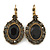 Vintage Inspired Oval Black/ Grey Crystal Drop Earrings with Leverback Closure In Antique Gold Tone - 42mm L - view 2