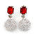 Light Silver Tone Wire Ball with Red Acrylic Bead Drop Earrings - 35mm L - view 6