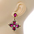 Vintage Inspired Fuchsia/ Clear Flower Drop Earrings In Antique Gold Tone - 50mm L - view 3