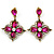 Vintage Inspired Fuchsia/ Clear Flower Drop Earrings In Antique Gold Tone - 50mm L - view 7