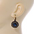 Vintage Inspired Round Cut Midnight Blue Glass Stone/ Grey Crystal Drop Earrings With Leverback Closure In Antique Gold Metal - 40mm L - view 5