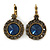 Vintage Inspired Round Cut Midnight Blue Glass Stone/ Grey Crystal Drop Earrings With Leverback Closure In Antique Gold Metal - 40mm L - view 6