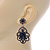 Victorian Style Filigree Montana Blue Glass, Crystal Drop Earrings In Antique Silver Tone - 50mm L - view 6