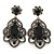 Victorian Style Filigree Black Glass, Crystal Drop Earrings In Antique Silver Tone - 50mm L