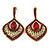 Vintage Inspired Burgundy Red Crystal, Filigree Teardrop Earrings In Antique Gold Tone - 45mm L