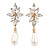 Bridal/ Prom/ Wedding Clear Crystal Faux Pearl Drop Clip On Earrings In Gold Tone - 50mm L