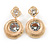 Gold Tone Textured Clear Cz Disk Drop Earrings - 30mm L
