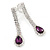 Purple/ Clear Crystal Teardrop Clip On Earrings In Silver Tone - 40mm L - view 4