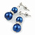 9mm Inky Blue Glass Pearl Bead With Crystal Ring Drop Earrings In Silver Tone - 30mm - view 2
