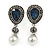 Vintage Inspired Midnight Blue/ Hematite Crystal with White Pearl Teardrop Earrings In Silver Tone - 50mm L
