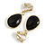 Gold Tone Teardrop Black Faceted Glass Stone Clip On Drop Earrings - 35mm L - view 3