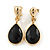 Gold Tone Teardrop Black Faceted Glass Stone Clip On Drop Earrings - 35mm L - view 7