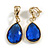 Gold Tone Teardrop Sapphire Blue Faceted Glass Stone Clip On Drop Earrings - 35mm L - view 3