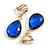 Gold Tone Teardrop Sapphire Blue Faceted Glass Stone Clip On Drop Earrings - 35mm L