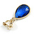 Gold Tone Teardrop Sapphire Blue Faceted Glass Stone Clip On Drop Earrings - 35mm L - view 4
