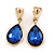 Gold Tone Teardrop Sapphire Blue Faceted Glass Stone Clip On Drop Earrings - 35mm L - view 7