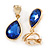 Gold Tone Teardrop Sapphire Blue Faceted Glass Stone Clip On Drop Earrings - 35mm L - view 6