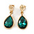 Gold Tone Teardrop Emerald Green Faceted Glass Stone Clip On Drop Earrings - 35mm L