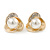 Gold Plated, Crystal, Faux Glass Pearl 3 Petal Flower Clip On Earrings - 20mm - view 2
