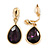 Gold Tone Teardrop Deep Purple Faceted Glass Stone Clip On Drop Earrings - 30mm L