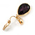 Gold Tone Teardrop Deep Purple Faceted Glass Stone Clip On Drop Earrings - 30mm L - view 4