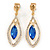 Exquisite Sapphire Blue Glass, Clear Crystal Leaf Clip On Earrings In Gold Plating - 50mm L