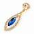 Exquisite Sapphire Blue Glass, Clear Crystal Leaf Clip On Earrings In Gold Plating - 50mm L - view 4