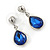 Silver Tone Teardrop Sapphire Blue Faceted Glass Stone Drop Earrings - 30mm L - view 7