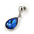 Silver Tone Teardrop Sapphire Blue Faceted Glass Stone Drop Earrings - 30mm L - view 5