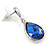 Silver Tone Teardrop Sapphire Blue Faceted Glass Stone Drop Earrings - 30mm L - view 6