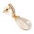 Gold Tone Clear Crystal Nude Cat Eye Stone Teardrop Earrings - 35mm L - view 3