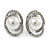 Oval Clear Crystal, White Faux Pearl Clip On Earrings In Silver Tone - 18mm - view 2