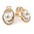 Oval Clear Crystal, White Faux Pearl Clip On Earrings In Gold Tone - 18mm - view 2