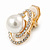 Oval Clear Crystal, White Faux Pearl Clip On Earrings In Gold Tone - 18mm - view 3