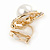 Oval Clear Crystal, White Faux Pearl Clip On Earrings In Gold Tone - 18mm - view 4