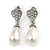 Clear Crystal Faux Pearl Teardrop Earrings In Rhodium Plated Metal - 37mm L