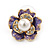 Purple Enamel, Clear Crystal Faux Glass Pearl Flower Stud Earrings In Gold Tone Metal - 20mm D - view 6
