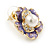 Purple Enamel, Clear Crystal Faux Glass Pearl Flower Stud Earrings In Gold Tone Metal - 20mm D - view 4