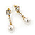 Delicate Crystal Floral, Faux Pearl Drop Earrings In Gold Tone - 35mm L - view 4