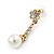 Delicate Crystal Floral, Faux Pearl Drop Earrings In Gold Tone - 35mm L - view 5