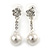 Delicate Crystal Floral, Faux Pearl Drop Earrings In Silver Tone - 35mm L - view 7