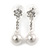 Delicate Crystal Floral, Faux Pearl Drop Earrings In Silver Tone - 35mm L