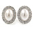 27mm Large Crystal, Simulated Pearl Oval Shape Clip On Stud Earrings In Rhodium Plating