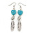 Silver Tone Turquoise Heart Feather Drop Earrings - 65mm L