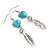 Silver Tone Turquoise Heart Feather Drop Earrings - 65mm L - view 2