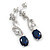 Delicate Clear/ Navy Blue Cz Oval Drop Earrings In Rhodium Plated Alloy - 35mm L - view 4