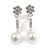 White Faux Glass Pearl Crystal Floral Drop Clip On Earrings In Rhodium Plated Alloy - 35mm L - view 2